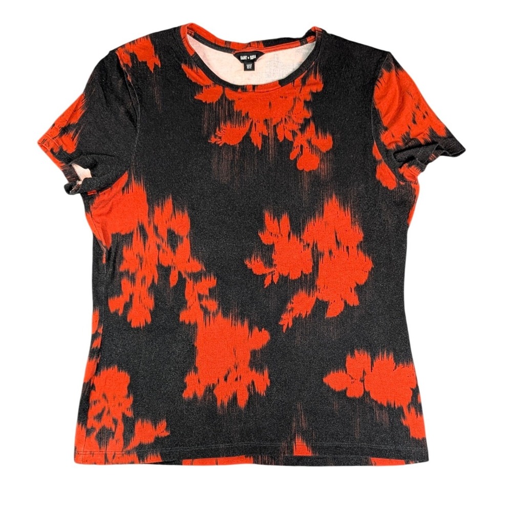 Saint + Sofia Black Rust Red Ikat Floral Short Sleeve Crewneck Grunge Top SZ 12